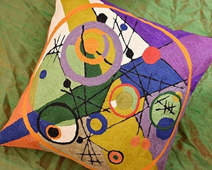 Kandinsky Contemporary Throw Pillow Cover - Circles 2 Modern Pillowcases Mid-Century Abstract Toss Cushion Farmhouse Chair Cushions Hand Embroidered Wool 18x18 Inch