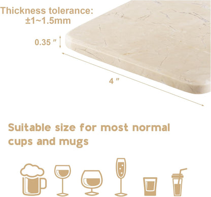 BCS Marble Coasters Set of 6 with Holder, Square Stone Drink Coasters for Coffee, Wine and Cocktails, Non-Slip Durable Cup Mats, Elegant Home, Bar & Kitchen Table Decor (Crema Beige)
