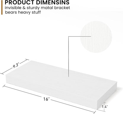 Fun Memories Deep Floating Shelves - 16" W x 9" D x 1.6" H Rustic White Wall Shelf - Wall Mounted Shelves for Storage - Wooden Shelves with Invisible Brackets for Living Room, Farmhouse - Set of 2