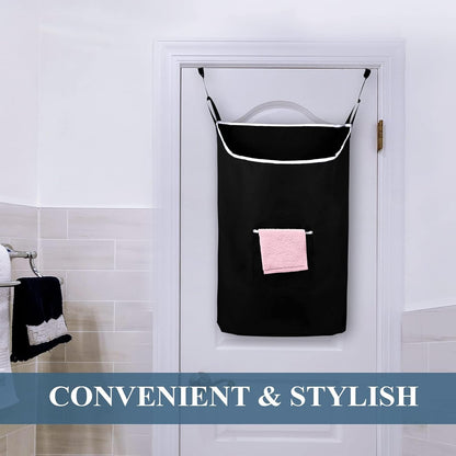 The Fine Living Co. X-Large Hanging Laundry Hamper with Over Door Hooks & Adhesive,Durable Space Saving Laundry Bag with Zipper and Wide Open Top,Hanging Dorm Laundry Hamper 20"x3.75"x31" (Black-XL)