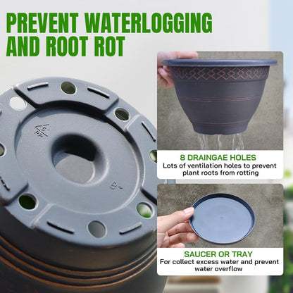 10 Inch 4 Pack Large Plant Pots, Plastic Flower Pot for Indoor & Outdoor with Drainage Holes & Saucer, Plaid Pattern Planters Garden Pots for Herbs