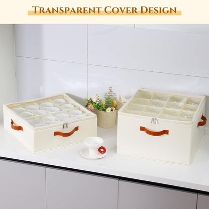 2 Pack Cup and Mug Storage Box with Dividers and Hard Shell, Stackable Coffee Cup Storage Organizer with Lid, Zipper, and Handles for Coffee Mugs, Cups, Glasses, Stemware Storage Containers for Moving