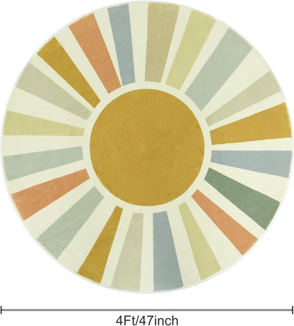 STARUIA Boho Round Rug 4 Ft Washable Area Rug for Kids Room, Colorful Sun Circle Rug for Playroom, Non-Slip Circular Office Carpet Soft Rainbow Rug for Bedroom Reading Corner Dorm