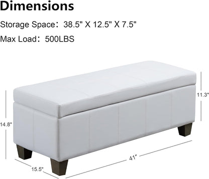 White Faux Leather Ottoman with Storage, Rectangular Extra Long Storage Bench for Bedroom and Living Room
