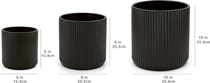 Amazon Basics Assorted Sizes Fluted Ceramic Round Planters, Set of 3, 6 inch, 8 inch, 10 inch, Black