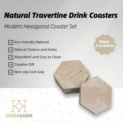 Real Natural Marble Coasters Set of 4, Vintage Stone Coasters 4 Inch, Hexagon Travertine Drink Coaster for Coffee Table, Living Room, Office Decor