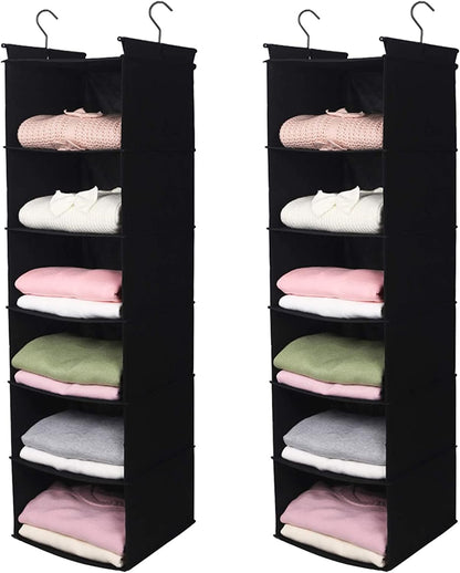 MAX Houser 6 Tier Shelf Hanging Closet Organizer, Closet Hanging Shelf with 2 Sturdy Hooks for Storage, 2 Pack, Foldable (Black)