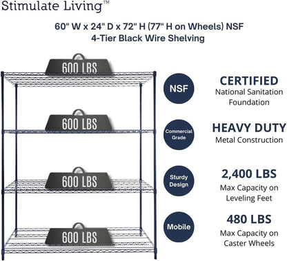 60"x24"x72" PRIME HEAVY DUTY Black 4-Tier Wire Shelving NSF 2400 LBS MAX Capacity Storage Rack for Commercial, School, Home, Garage, Warehouse, Industrial, and Hospital Uses (with Wheels)