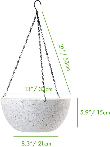WOUSIWER 13 inch 2Pack Large Hanging Planters for Outdoor Indoor Plants with Drainage Holes and Chain, Round Hanging Flower Pots for Garden Home Porch Decor, White Speckles
