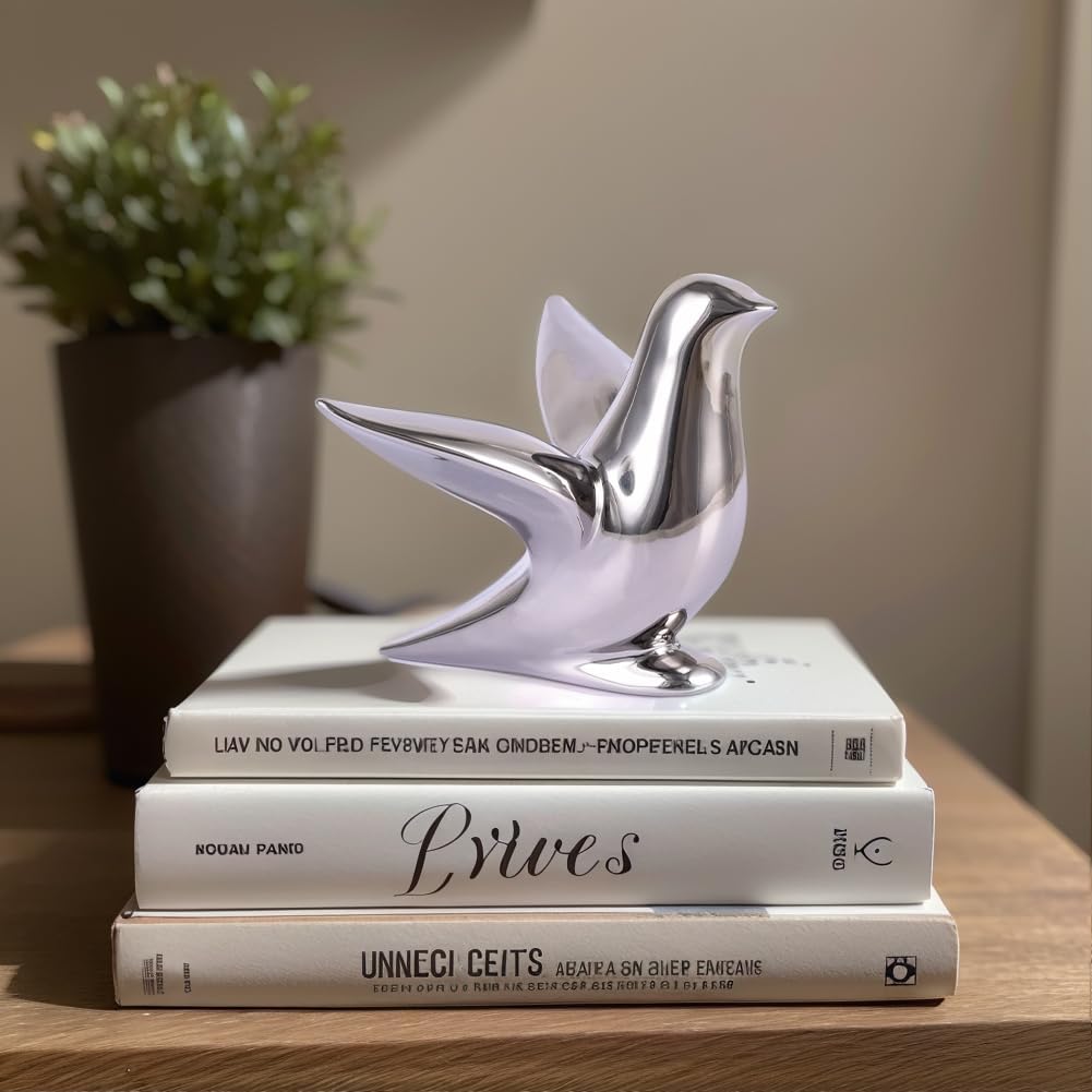 Silver Decor Accents – Modern Silver Ceramic Bird Figurine, 5.1in Decorative Bird Statue for Shelf, Table or Bathroom, Small Animal Sculpture Gift for Bird Lovers, Bird Room Decor