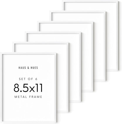 HAUS AND HUES 8.5x11 White Metal Picture Frames - Features Premium Aluminum, Shatterproof Plexiglass - Perfect for Diplomas, Documents, Certificates (8.5x11 in, White, Set of 6)