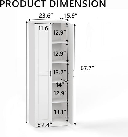 71" Tall Pantry Cabinet/Storage Cabinet, Wood Cupboard with 2 Door and 3 Adjustable Shelves for Kitchen, Dining Room, Living Room, Bathroom (Style 2)