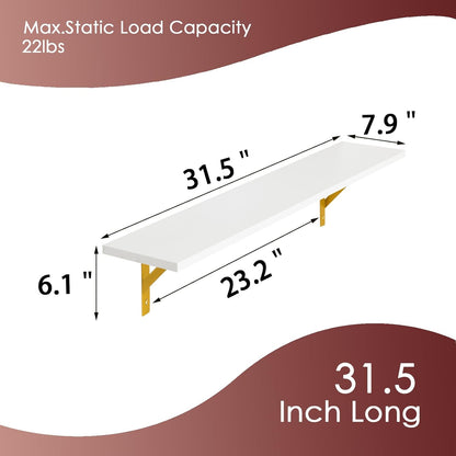 DINZI LVJ Long Wall Shelves, Set of 4, 31.5Inch Wall Mounted Shelves, Floating Shelves for Wall Storage with Metal Brackets, for Living Room, Bathroom, Bedroom, Kitchen, White and Gold