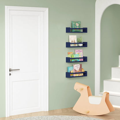 Forbena Navy Blue Floating Book Shelves for Nursery Boy, Decorative Wall Bookshelf for Kids Room, Small Wood Floating Shelves Wall Mounted for Boys Bedroom Bathroom (Set of 4, Blue)