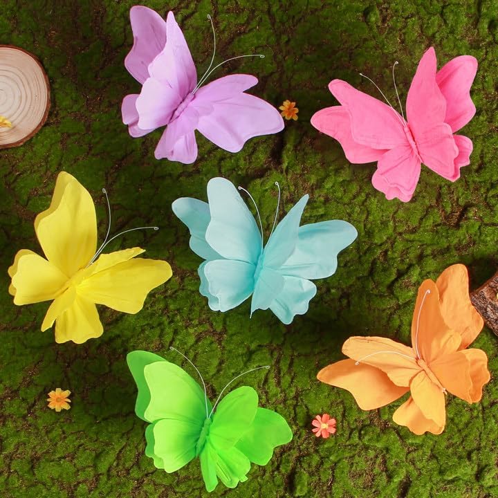 SUNBEAUTY 6Pcs Hanging Butterflies, Large Butterfly Decorations, 3D Paper Decoration, Pink Green Blue Orange for Baby Shower Decor Girls, Women, Paper Flowers for Wall