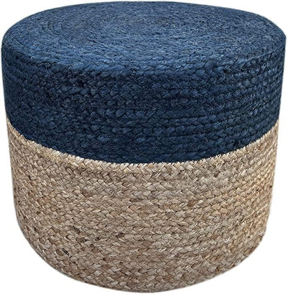 Jute Pouf Ottoman | Footrest Pouf | Hand Braided - Round Boho Pouffe - for Living Room, Bedroom, Nursery (20"x20"x10") Navy