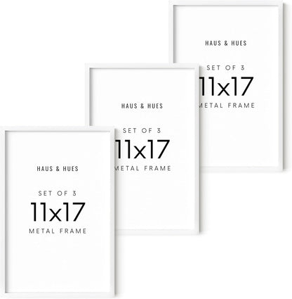 HAUS AND HUES 11x17 White Metal Picture Frames - Features Premium Aluminum, Vertical & Horizontal Hang, Shatterproof Plexiglass - Perfect for Home, Room, Office (11x17 in, White, Set of 3)