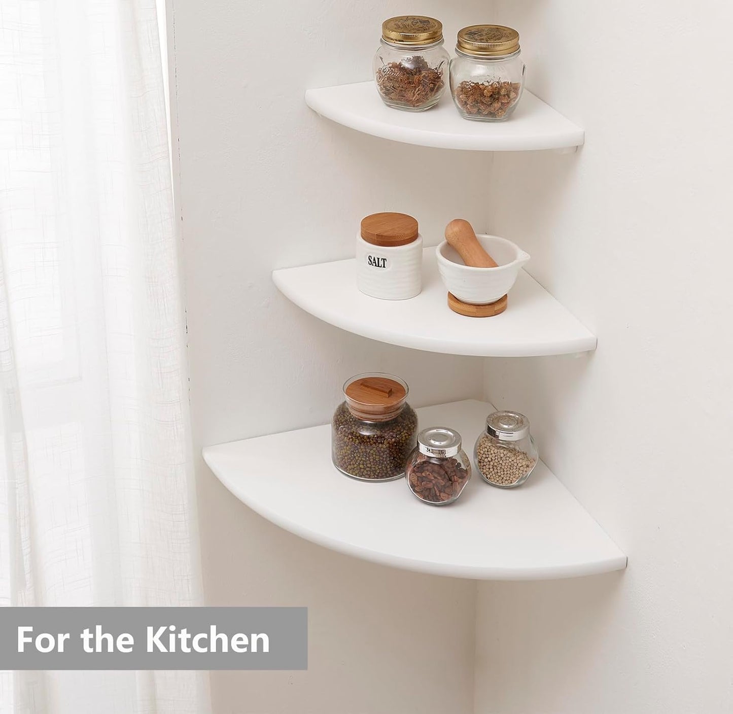 Corner Shelf, Solid Oak Wood Floating Corner Shelf Wall Mount Round End Floating Speaker Shelves with Wire Hole for Small Plant Photo Frame for Bedroom Kitchen, Living Room (White, 7.1in)