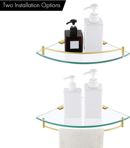 KES Glass Corner Shelf Bathroom Shelf Tempered Glass with Rail SUS 304 Stainless Steel Floating Wall Mount Bracket Brushed Gold, BGS2101A-BZ