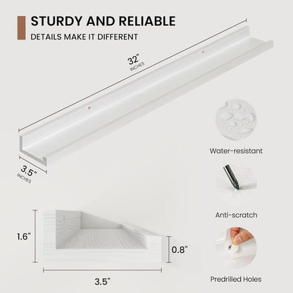 Picture Ledge Shelf, Solid Pine Wood Floating Shelves Set of 2, 32 Inches Nursery Book Shelves for Toys Storage, Kids Bookshelf Wall Mounted for Living Room Bedroom Decor Books Photo Frames, White