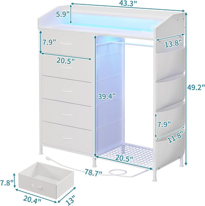 LUMTOK Modern 5 Dresser with LED Hanging Rack, Dresser with Clothes Rack, Hanger Rack, and Storage Drawers, Drawer Dressers with Coat Racks for Bedroom Living Room, Entryway, Closets (White)