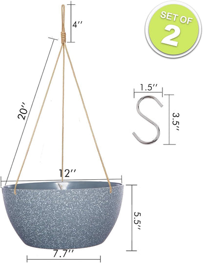 12 Inch 2 Pack Large Hanging Planters for Indoor Outdoor Plants, Plastic Hanging Basket Pots for House Plants Flowers, Grey