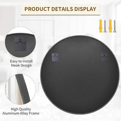 BEAUTYPEAK 48 Inch Round Mirror, Metal Frame Circle Mirror, Wall Mounted for Entryway, Bathroom, Vanity, Living Room, Black