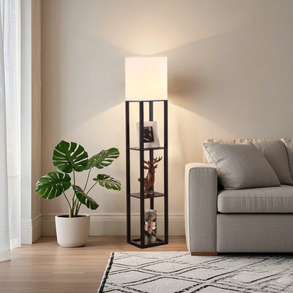 HomeFocus - Floor Lamp with Shelves,Shelf Floor Lamp with LED Bulb,Bookshelf Corner Display Lamp for Living Room,Bedroom and Office,White Linen Shade,Rustic Wood,Black