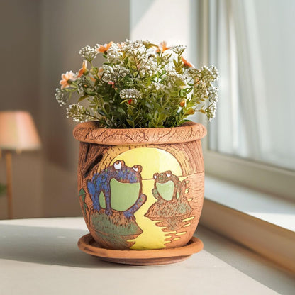 Ceramic Pot with Drainage Hole and Saucer, Plant Pots, Modern Decorative Planters for House Plants Indoor Flowers Plants, Cute Flower Pot - Gifts (Frogs (1.6 L))