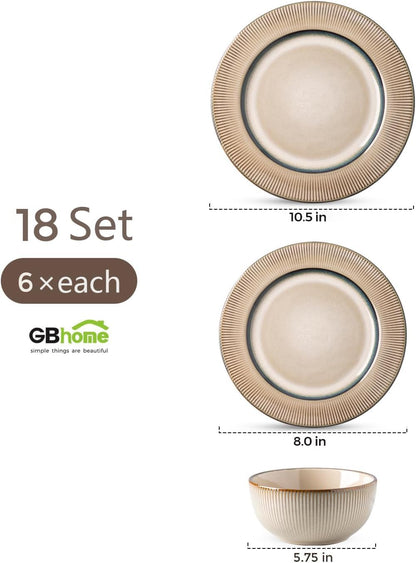 GBHOME Ceramic Dinnerware Sets, 18 Piece Embossed Elegant Stoneware Plates and Bowls Sets, Housewarming Wedding Gift | Dishwasher & Microwave Safe | Dishes Set Service for 6
