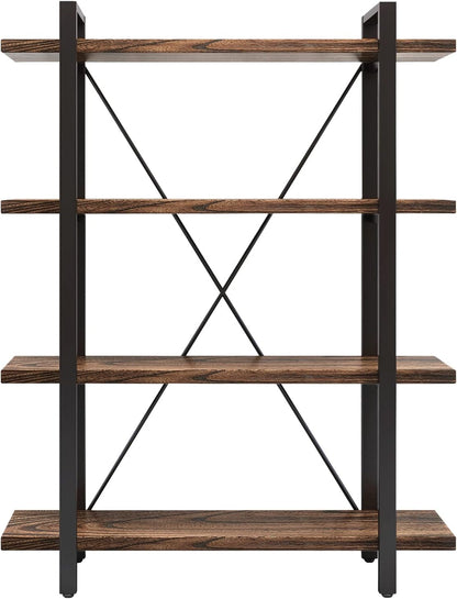 4 Tier Bookshelf Solid Wood Bookcase and Book Shelves Wood and Metal Shelving Rustic Open Bookshelf Office,Distressed Brown (AY-02-4Tier)