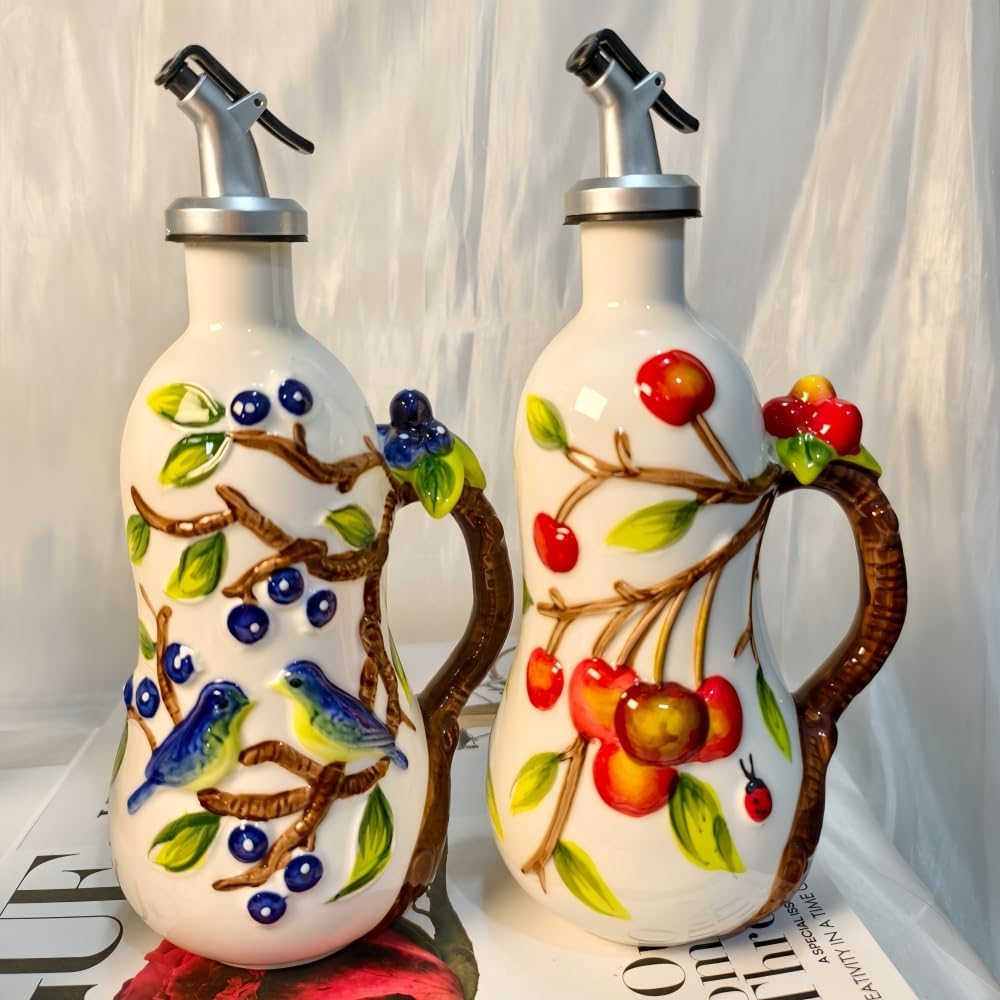 18.26oz/540ml Ceramics Olive Oil Dispenser Bottle,Hand Painted Reliefs Oil Dispenser for Kitchen,Oil Bottles for Kitchen (Sunflower)