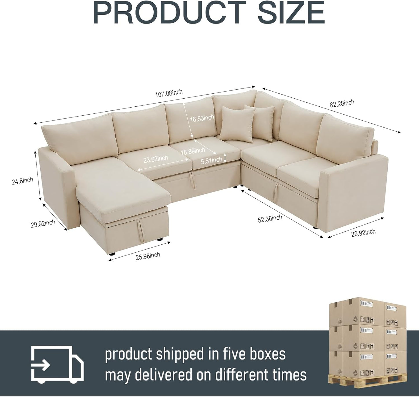 7 - Seater Sofa Bed, Large U - Shaped Modular Sectional Sofa, Oversized Pull - Out Sleeper with Storage for Living Room, Beige