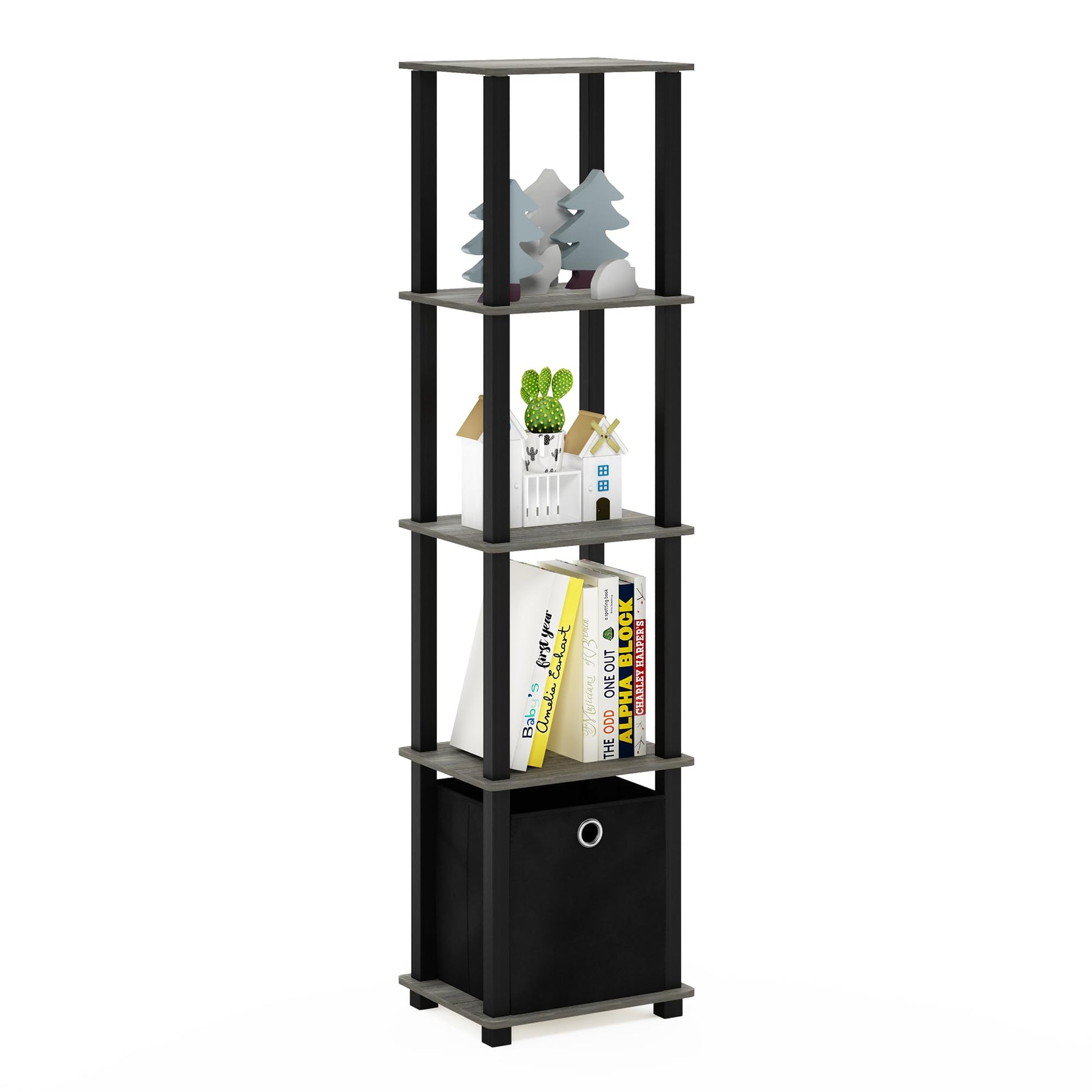 FURINNO TNT No Tools 5-Tier Display Decorative Shelf, French Oak Grey/Black/Black