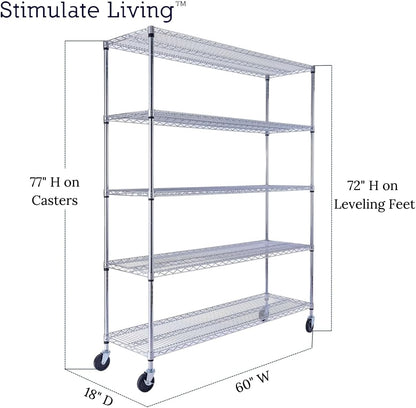 60"x18"x72" PRIME HEAVY DUTY Chrome 5-Tier Wire Shelving 4000 LBS MAX Capacity Storage Rack for Commercial, School, Home, Garage, Warehouse, Industrial, and Hospital Uses (with Wheels)