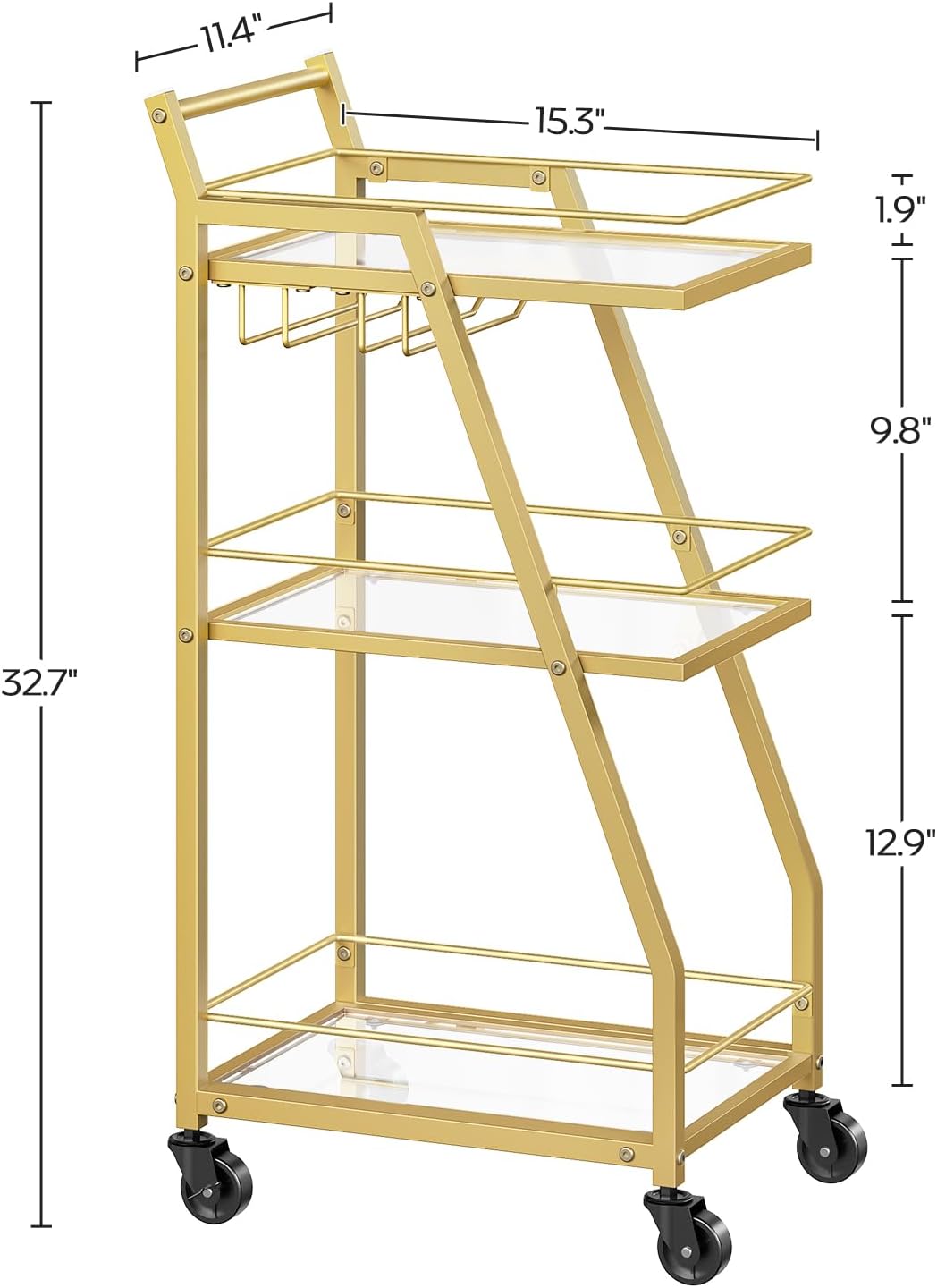 Bar Cart, 3-Tier Bar Cart for The Home, Home Bar Serving Cart with Glass Holders, Beverage Cart for Kitchen, Dining, Party Room, Gold BC03GD