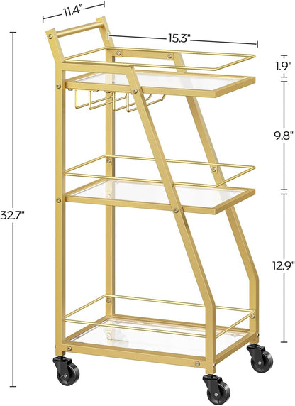 Bar Cart, 3-Tier Bar Cart for The Home, Home Bar Serving Cart with Glass Holders, Beverage Cart for Kitchen, Dining, Party Room, Gold BC03GD