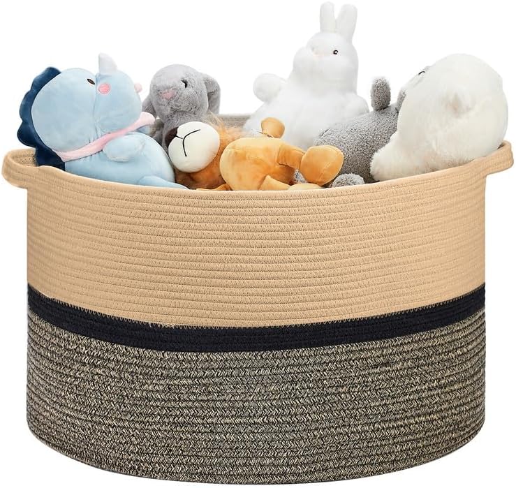 Ravinte Large Storage - 22"x 22"x 14" Blanket Basket for Living Room, Baby Toy Storage, Cotton Rope Woven Laundry Basket (Brown-Black-Light Black)