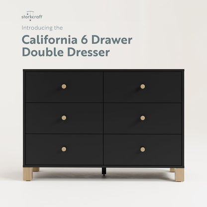 Storkcraft California 6-Drawer Double Dresser (Black with Driftwood) - GREENGUARD Gold Certified, Interlocking Drawer System, Dresser Drawer Organizer for Kids Bedroom