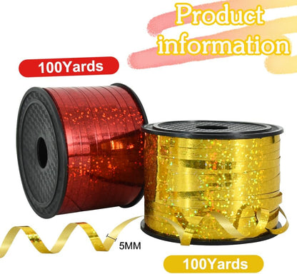 BEISHIDA 2 Pack 100 Yards Red Gold Ribbon Curling Crimped Glitter Balloon String Shiny Metallic for Gift Wrapping Birthday Party Festival Art Craft Decor Florist Flowers Decoration