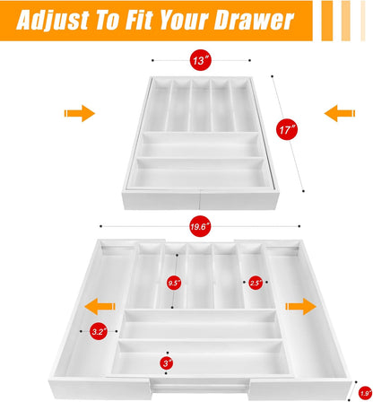 Bellsal Large Premium Bamboo Silverware Organizer - Expandable Utensil Drawer Organizer - 17"x19.6" Utensil Holder and Cutlery Tray with Grooved for Kitchen Flatware and Utensils(7-9 Slot, White)