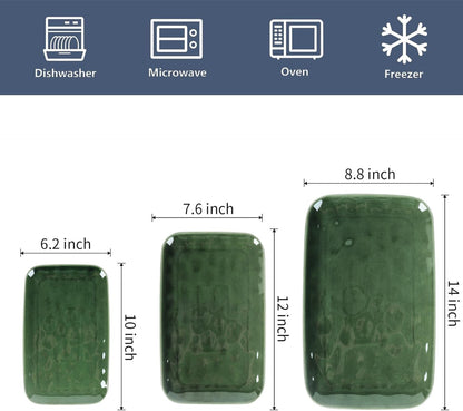 vicrays Ceramic Rectangle Serving Platters - 14" 12" 10" Porcelain Serving Trays Plates for Party BBQ Appetizers Sushi Dessert - Microwave Oven and Dishwasher Safe - Set of 3 Green