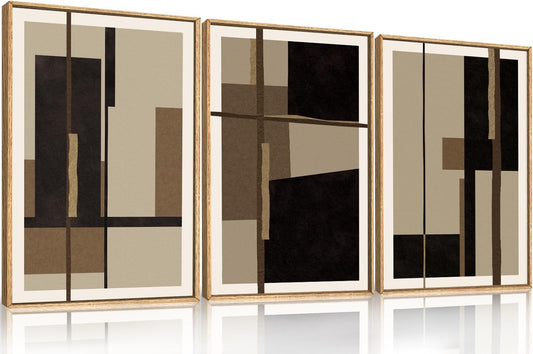 Abstract Shapes Framed Canvas Wall Art Set, Mid-Century Black Polygon Wall Decor, Black Brown Irregular Painting, Neutral Modern Art Print for Living Room, Dining Room, Office - 16"x24"x3