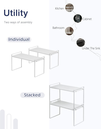 Nxconsu 2Pack Cabinet Shelves Stackable Shelf Organizer Rack Riser for Kitchen Cabinet Pantry Cupboard Counter Countertop Home Organization Storage Space Saver Heavy Duty Metal Nonslip White Wide Tall