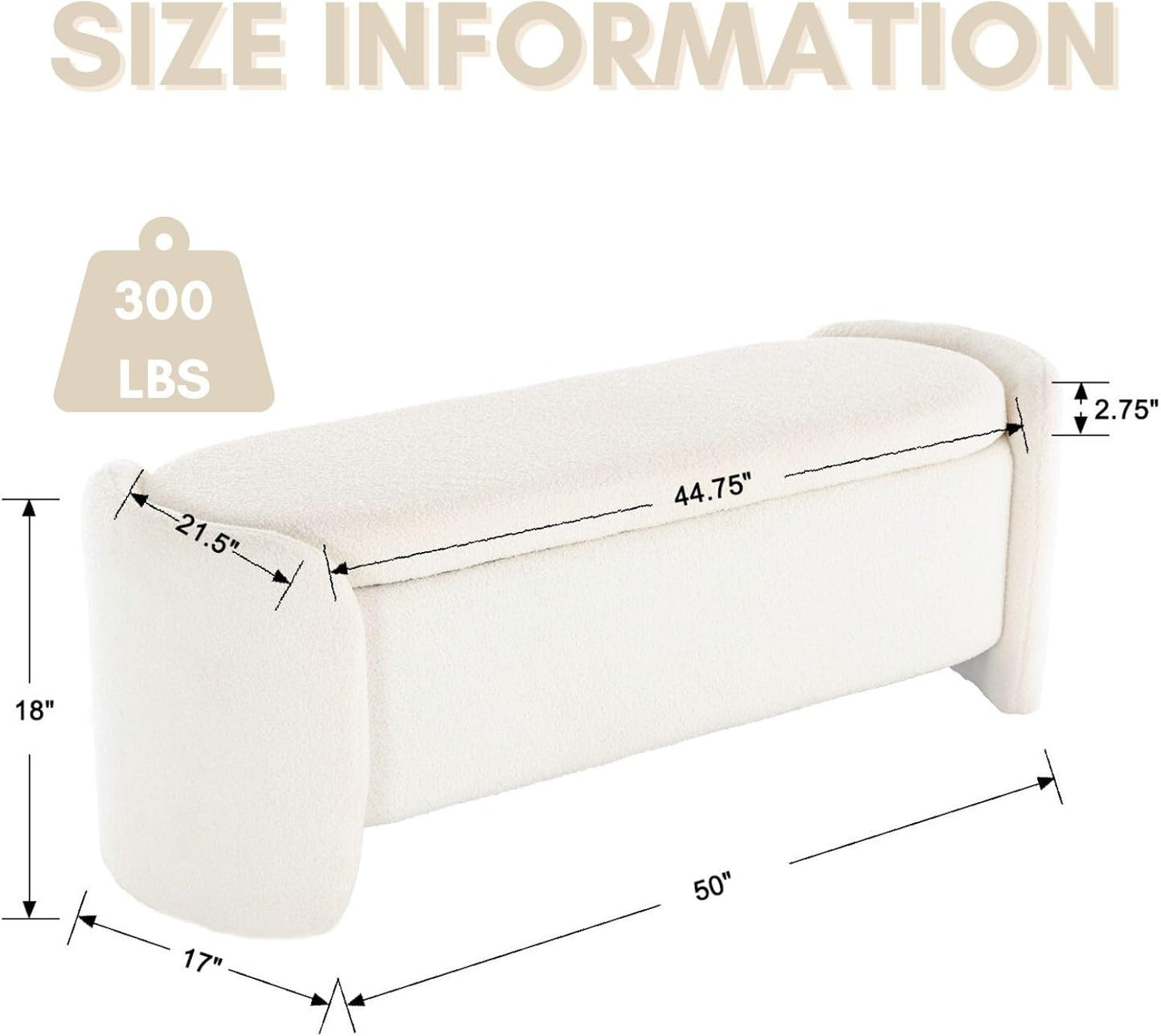 ROCTY White Boucle Storage Bench - 50" Sherpa Ottoman Bench for Bedroom, Entryway, Living Room & Vanity - Teddy Fabric with Storage & Seating