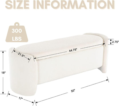 ROCTY White Boucle Storage Bench - 50" Sherpa Ottoman Bench for Bedroom, Entryway, Living Room & Vanity - Teddy Fabric with Storage & Seating