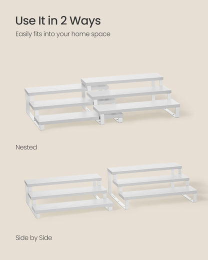 SONGMICS Display Risers, Set of 2 Engineered Wood Perfume Organizer Stand, 3-Tier Cupcake Stand Holder, Spice Rack, Shelf Risers for Figures, Dessert Shelves, Snow White and Cloud White UKCS116W01