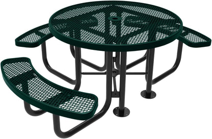 Coated Outdoor Furniture Heavy-Duty Portable ADA-Compliant Outdoor Picnic Table with Umbrella Hole, Expanded Metal Patio Dining Furniture Made in America (46" Round Top, Dark Green)
