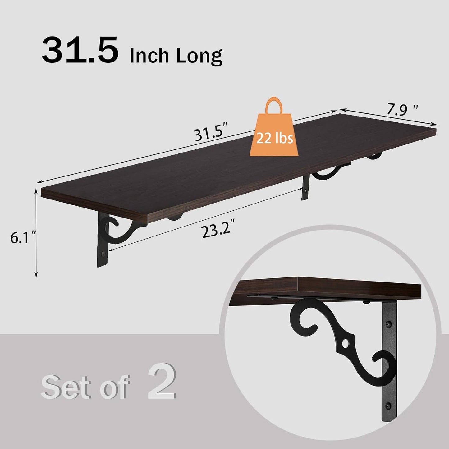 DINZI LVJ Long Wall Shelves, 31.5 Inch Large Floating Shelves Set of 2, Wide Display Shelf Wall Mounted with Brackets, Easy Hanging for Living Room, Toilet, Office, Bedroom, Espresso