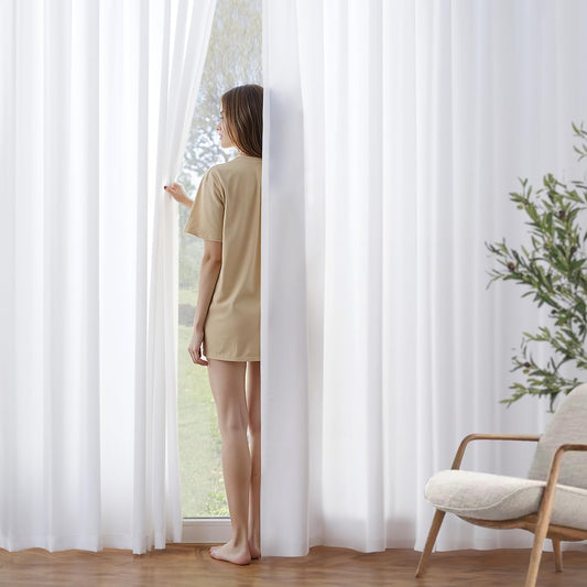 MIULEE White Privacy Sheer Curtains That Let Light in Non-See-Through Semi Sheer Curtains Light Filtering Window Curtain Drapes for Living Room Bedroom 42 X 45 Inches Long 2 Panels Set